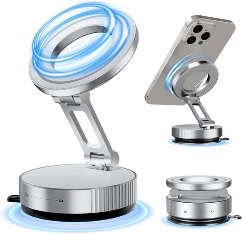 Magnetic Car Phone Mount for Magsafe, Durable Metal Vacuum Suction Cup Phone Holder, 360°Adjustable & Pocket Size Foldable for All Smartphones & All Car Models, Black in Saudi Arabia