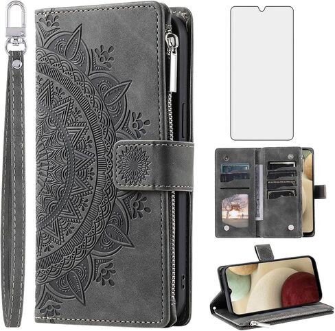 Asuwish Phone Case for Samsung Galaxy A12/M12 Wallet Cover with Tempered Glass Screen Protector and Wrist Strap Mandala Flower Flip Zipper Card Holder Cell A 12 5G A-12 S12 12A 4G Women Men Purple in Kuwait