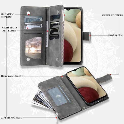 Asuwish Phone Case for Samsung Galaxy A12/M12 Wallet Cover with Tempered Glass Screen Protector and Wrist Strap Mandala Flower Flip Zipper Card Holder Cell A 12 5G A-12 S12 12A 4G Women Men Purple in Kuwait