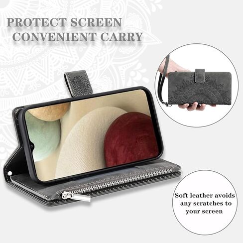 Asuwish Phone Case for Samsung Galaxy A12/M12 Wallet Cover with Tempered Glass Screen Protector and Wrist Strap Mandala Flower Flip Zipper Card Holder Cell A 12 5G A-12 S12 12A 4G Women Men Purple in Kuwait