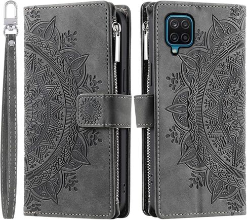 Asuwish Phone Case for Samsung Galaxy A12/M12 Wallet Cover with Tempered Glass Screen Protector and Wrist Strap Mandala Flower Flip Zipper Card Holder Cell A 12 5G A-12 S12 12A 4G Women Men Purple in Kuwait