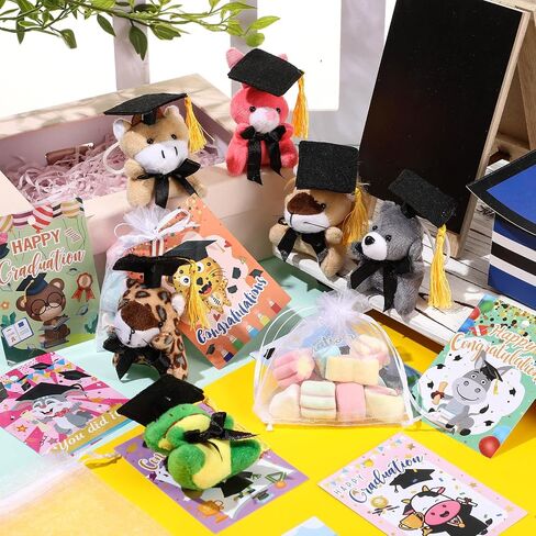 Hanaive 48 Set Mini Graduation Stuffed Bears Bulk 3'' Plush Bear Class of 2024 Stuffed Animal with Cap Tie Grad Card Organza Bag for Kindergarten high School College Elementary Graduation Gifts in Saudi Arabia
