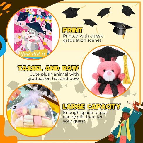 Hanaive 48 Set Mini Graduation Stuffed Bears Bulk 3'' Plush Bear Class of 2024 Stuffed Animal with Cap Tie Grad Card Organza Bag for Kindergarten high School College Elementary Graduation Gifts in Saudi Arabia