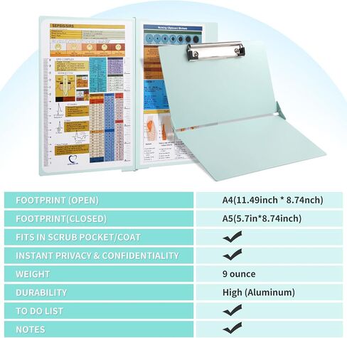 Black Nursing Clipboard with Nursing and Medical Edition Cheat Sheets - Aluminum Foldable Nurse Clip Boards Essential Accessory for Efficient Patient Care in Saudi Arabia