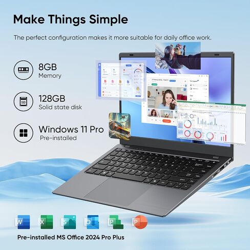 14.1 "Windows 11 Pro Computer 8GB RAM 128GB SSD ، Intel Celeron N5095 (4C4T ، حتى 2.9 جيجا هرتز) عرض IPS ، HDMI ، WIFI Dual Band ، BT5.0 Light و Thin Notebook PC للعمل ، طالب المدرسة in Kuwait