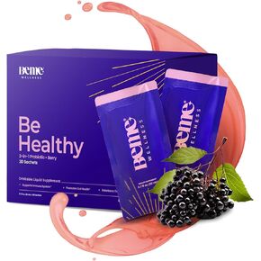 BeHealthy 3-in-1 Liquid Probiotic for Gut Health, Weight Loss + Immunity. Vitamin C, Zinc, Elderberry and Fiber | 30 Convenient Berry-Flavored Sachets