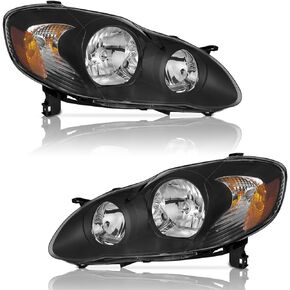 for 2003-2008 Toyota Corolla Headlights Assembly, Headlamp Replacement Headlight Assemblies Black Housing Amber Reflector Left+Right Pair Set