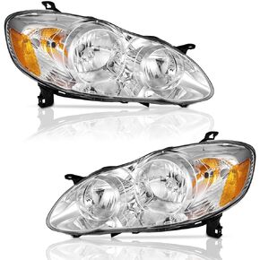 for 2003-2008 Toyota Corolla Headlights Assembly, Headlamp Replacement Headlight Assemblies Black Housing Amber Reflector Left+Right Pair Set