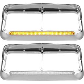 Partsam 2x Headlight Bezels Chrome w/Visor 12" Clear/Amber LED Light Strip Replacement for 4x6 Lights Kenworth T400 T600 T800 W900B W900L Peterbilt 378 379 Western Star 4900 Freightliner Semi Trucks in Kuwait