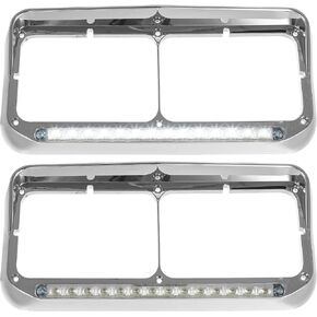 Partsam 2x Headlight Bezels Chrome w/Visor 12" Clear/Amber LED Light Strip Replacement for 4x6 Lights Kenworth T400 T600 T800 W900B W900L Peterbilt 378 379 Western Star 4900 Freightliner Semi Trucks