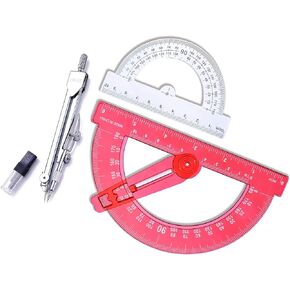 Drawing Compass and Plastic Math Protractors 180 Degree,6 Inch Swing Arm Protractor and 4 Inch Small Protractor,3 Piece Student Geometry Math Set