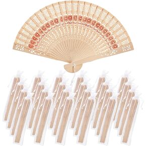 Peohud 25 Pieces Wooden Fans, 8 Inches Vintage Handheld Folding Fans, Chinese Sandalwood Fan with Tassel and Gift Bags for Wedding Favors Bridal Shower Birthday Party Gift