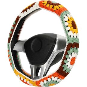 Crochet Steering Wheel Cover Set,Cute Car Steering Wheel Cover Boho 14-15 in,Handmade Sunflower Granny Square Car Decor for Women,Hippie Car Accessories((Steering Wheel+Shift Knob) Cover)