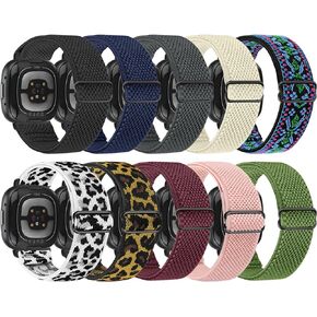 Tiptops 10 Pack Elastic Band Compatible with Fitbit Sense Bands/Fitbit Versa 3 Bands Fitbit Versa 4 Bands for Women Men/Fitbit Sense 2 Bands, Adjustable Stretchy Nylon Solo Loop Sport Strap