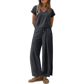 Womens 2 Piece Outfits Lounge Sets Summer Short Sleeve Top Wide Leg Pants Tracksuits for Women with Pockets