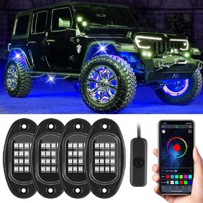 Kairiyard 4 Pods Rock Lights for Trucks, App Control RGB Underglow LED Lights for Cars Music Mode Multicolor Neon Rock Light kit Waterproof for Car Truck ATV UTV SUV