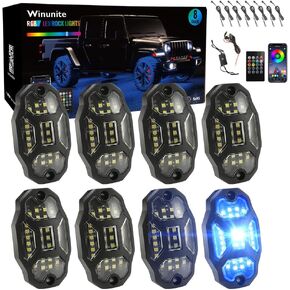 Winunite 8 Pods RGB Rock Lights 12V with Wires,Full Angle Waterproof Music Mode APP/Remote Control Multicolor Underglow Light Kit Wheel Lights for Off Road Trucks SUV ATV UTV Trailer Boats