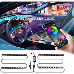 LivTee Car Led Interior Lights, Newest Two-Line Design 4pcs 48 LED Multi DIY Color Music Under Dash Car Lighting Waterproof Kits with Wireless Remote & APP Control, Car Charger Included
