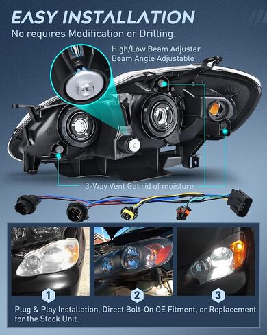 مجموعة المصابيح الأمامية Nilight لسيارة 2003 2004 2005 2006 2007 2008 Toyota Corolla استبدال المصابيح الأمامية باللون الأسود للسائق وجانب الركاب، ضمان لمدة عامين in Saudi Arabia