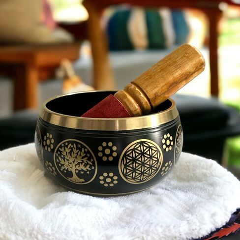 مجموعة وعاء الغناء التبتي من الطبيعة - سهلة اللعب - وعاء صوت للتأمل مصنوع يدويًا في نيبال لليوجا واليقظة وشفاء الشاكرا وتخفيف التوتر - هدايا روحية للنساء والرجال (3.5 بوصة، أسود) in Saudi Arabia