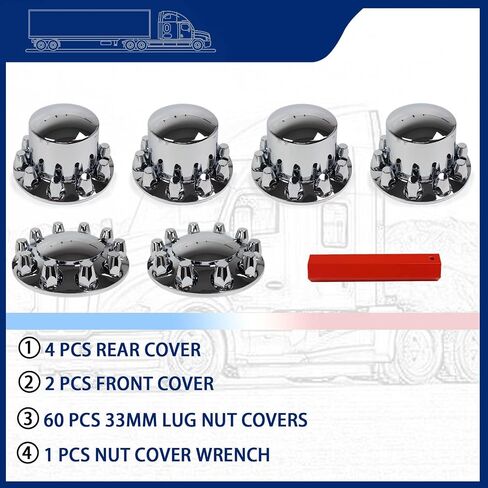 33 mm Axle Cover Chrome Standard 2 Front and 4 Rear Wheel Cover Set Lug Nut Covers for Semi Trucks Removable Screw-on Hub Caps Kit (Installation Tool Included) in Saudi Arabia