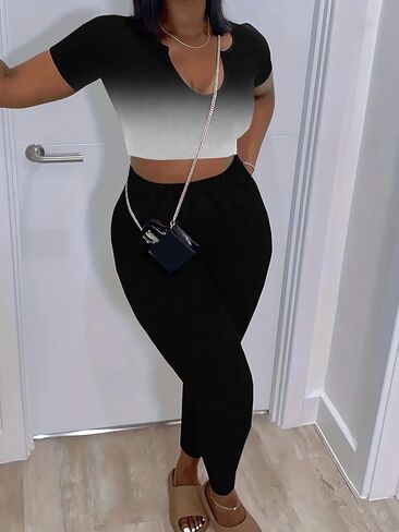 Nimsruc 2 Piece Sets For Women Sexy Casual Workout Crop Short Sleeve Long pants Leggings Sets Summer Active Wear in Saudi Arabia