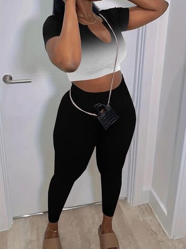 Nimsruc 2 Piece Sets For Women Sexy Casual Workout Crop Short Sleeve Long pants Leggings Sets Summer Active Wear in Saudi Arabia
