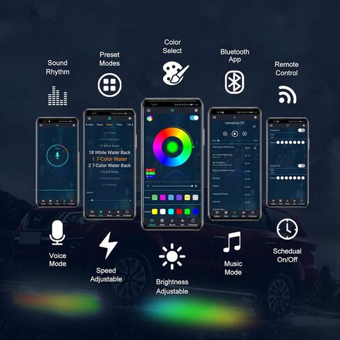 طقم إضاءة LED تحت التوهج بلون الأحلام - 6 قطع IP68 خارجية مقاومة للماء من النيون تحت السيارة مع شريط تحت الجسم مع التحكم في التطبيق، طقم أضواء الصخور لمطاردة الألوان عن بعد لجميع سيارات الدفع الرباعي والشاحنات in Kuwait