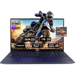 15.6 Business-gaming-Laptop, 6-Cores AMD Ryzen 5 6600H 660M 6nm GPU, 32GB DDR5 1TB SSD(Beat i5-12450H up to 4.5GHz)100W Type-C FHD IPS Laptop-Computer with Fingerprint Backlit Keyboard WiFi5 Win11