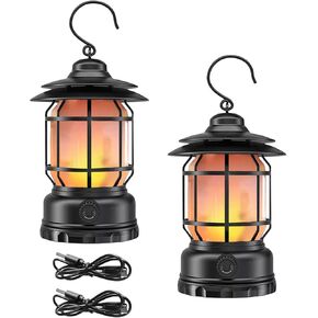 2PACK Rechargeable Camping Lantern, Flame Decorative Table Lamp, 2 Modes LED Light with Hook,Dimmable Vintage Style,Portable Waterproof Camping Light for Indoor/Outdoor Use (2)
