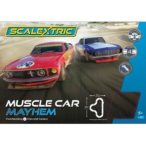 Scalextric C1449T Muscle Car Mayhem Set - Mains Power Slot Car Race Track Sets, 1:64 Scale Set, Electric Racing Toys for Adults Racetrack Games, Cars Gifts for Adults