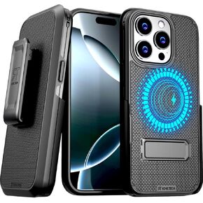 Rome Tech Belt Clip Holster Case for Apple iPhone 16 Compatible with MagSafe Magnetic Heavy Duty Slide Hip Phone Cover with Kickstand for iPhone 16 - Black