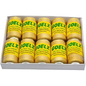 Goelx Silk Thread Shades of Golden Family for Jewelry, Tassel Making, Embroidery, Crafts, Shiny Soft Thread Spools - Mustard Gold - 124