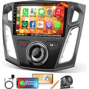 4+64 Android 13 Car Stereo for Ford Focus 2012-2018, 10.4 Inch IPS Touch Screen Car Radio with Wireless Carplay/Android Auto,GPS, WiFi, Bluetooth, Support OBD2/DVR/DSP