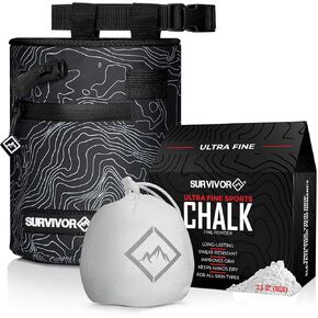 SURVIVOR Chalk Bag + Refillable Chalk Ball + 100g Ultra Fine Climbing Chalk Powder Bundle