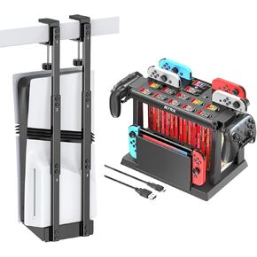 PS5 Under Desk Mount Vertical for PS5/PS5 Slim/PS5 Pro, Switch Games Organizer Station with Controller Charger
