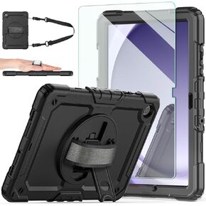 Ambison Case for Samsung Galaxy Tab A9+ 11'' 2023, [Kids Proof] Full Body Protective Case with 9H Tempered Glass Screen Protector, 360° Rotatable Kickstand & Hand Strap (Light Pink)