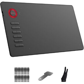 Drawing Tablet, VEIKK A15 10x6 inch Drawing Pad with 12 Shortcut Keys, 8192 Levels of Pressure and Battery-Free Pen, 20 Additional Nibs, Graphic Tablet for Win/Mac/Linux/Android OS （Red）