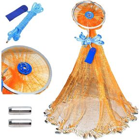Cast Net with Aluminum Ring, American Cast net, Hand Throwing Fishing Net with Zinc Plated Weights for Saltwater and Freshwater, 3/8 Inches Mesh