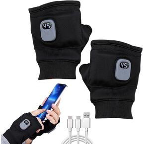 LANWANYU Portable Heated Gloves with Digital Display, Fingerless, Rechargeable, Smart Thermostatic, 45-55C, 2000mAh Battery, Black, Heated Gloves for Men and Women