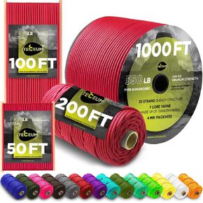 TECEUM Paracord Type III 550 Crimson – 50 ft – 4mm – Tactical Rope MIL-SPEC – Outdoor para Cord –Camping Hiking Fishing Gear and Equipment – EDC Parachute Cord – Strong Survival Rope