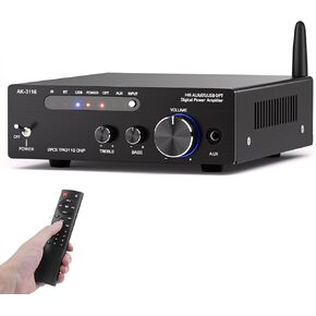 AK-3116 HiFi Stereo Audio Amplifier, 2.0 Channel 100W x 2 Mini Bluetooth Amplifier Class D Digital Amplifier with TPA3116 chip, USB, AUX, FM, Opt, RCA for Home Audio, Stereo Receiver w/ 24V Adapter