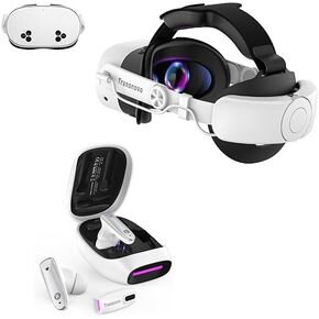 حزمة ملحق VR لـ META Quest 3S VR سماعات الرأس - 10000 مللي أمبير في الساعة حزام رأس البطارية وخطوط الأذن اللاسلكية TWS مع 30 مللي ثانية من زمن انتقال منخفض ، اتصال مزدوج