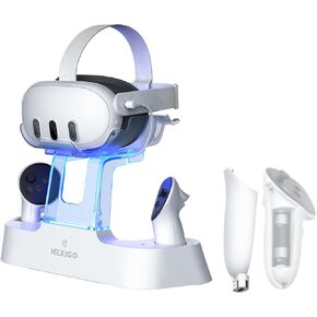 NexiGo Charging Dock for Oculus Quest 3 and 2 with LED Light [On/Off], [Support Elite Strap with Battery], Headset Display Holder and Controller Mount, 2 Rechargeable Batteries