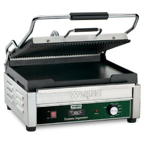 Waring Commercial WDG250T Tostato Supremo Ribbed Top Plate and Flat Bottom Plate Large Surface Panini Grill, With 20 Minute Timer, 120 V, 1800W, 5-15 Phase Plug