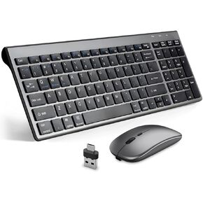 KUNSI Wireless Keyboard and Mouse Combo,Bluetooth and 2.4GHz Wireless Keyboard and Adjustable DPI Mouse, Rechargeable Slim Cordless Keyboard Mouse Set for Laptop,PC,Notebook,Desktop-Grey