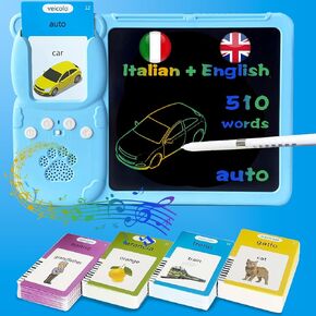 Drawing Writing Tablet for Toddlers - Talking English Italian Flash Cards for Kids 3-12, Bilingual Sensory Toys for Autistic Children, 510 Sight Words, Travel Activity (Blue)