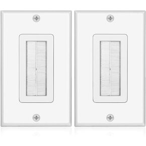 TNP Brush Wall Plate - Double 2 Gang Cable Entry Access Brush Bristles Style Strap Opening Port Insert Socket Wiring Plug Jack Decorative Face Cover Outlet Mount Panel (White)