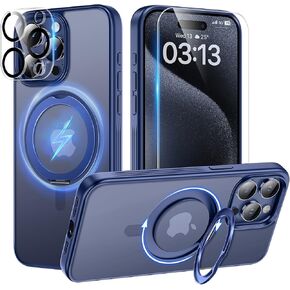 TAURI 360°Rotatable Magnetic Ring for iPhone 15 Pro Case Blue, [Designed for Magsafe] with Stand & Ring Holder, Translucent Matte Phone Case with 2X Screen Protectors +2X Camera Lens Protector