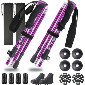 Trekking Poles, Aluminum Alloy Ultralight 0.6lbs, 100kg Load, Collapsible Hiking Poles Walksticks for Backpacking, Hiking, Camping, One Pair (2 Poles), Quick Lock, 12 pcs Tips Cover, Purple